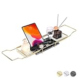 MARBBNEST Bathtub Tray Caddy for Luxury Bath Expandable Extra Wide Bath Tub Tray with Natural Marble Tray and Mobile/Tablet Stand, Ideal for Home Spa Lovers (Gold + Black)