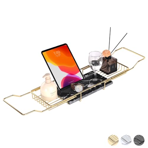 MARBBNEST Bathtub Tray Caddy for Luxury Bath Expandable Extra Wide Bath Tub Tray with Natural Marble Tray and Mobile/Tablet Stand, Ideal for Home Spa Lovers (Gold + Black)