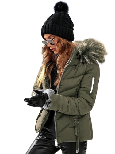 Women's Puffer Parka Jacket Fuzzy Trim Hooded Drawstring Waist Fleece Lined Padded Coat