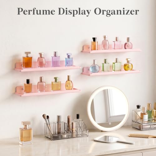 Image of Lifewit Acrylic Floating Shelves for Bathroom 14 inch Pink, 4 Pack | Wall Mounted Display Shelf for Makeup, Skincare, Nail Polish, Book, Perfume Organizer for Bedroom, Living Room, Nursery Decor