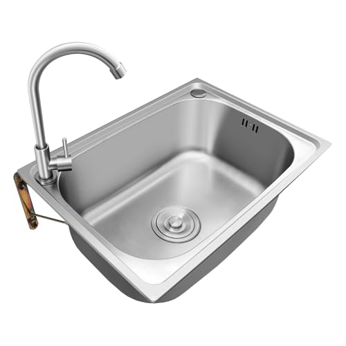 壁掛けシンク 手洗い器 ステンレス製シンク 蛇口を含む キャンプシンク ステンレスシンク 洗面台壁掛け ブラケット付き レストラン キッチン 家庭用 (38x32.5cm)