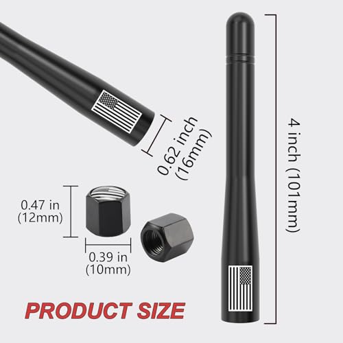 Image of Car Truck Short Antenna 4 inch with Tire Valve Caps American Flag Universal Replacement for GMC Sierra Chevy Silverado Dodge Ram 1500 2500 3500 Ford F150 F250 F350 Super Duty Bronco Raptor, Black