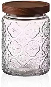 Snminetal Vintage Glass Kitchen Storage Sealed Jar, Kitchen Glass Food Storage Containers, With Airtight Wood Lid for Coffee Beans,Tea,Grains,Food Storage Containers 24oz (plum pattern 1PCS)