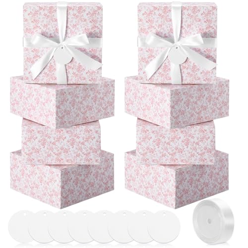 Faccito Pink 8 Pack Floral bridesmaid proposal Gift Boxes 8 x 8 x 4 Inch Flower Paper Boxes with Ribbon Label Card for Wedding Bridesmaid Gift Bridal Baby Shower Birthday Party Favor (Chinoiserie)