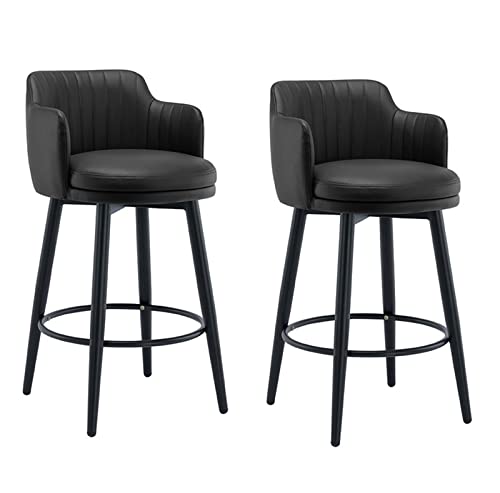 Juego de 2 taburetes de bar giratorios con respaldo y brazos – Altura de mostrador de piel de napa, patas y reposapiés de metal negro para cocina, isla, hogar, bar, comedor, pub