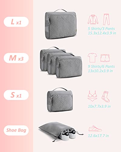 Packing Cubes For Carry On Suitcases, Bagsmart 6 Set Packing Bags For Travel Women Quilted Look Suitcase Organizer Bags Set, Luggage Organizer Cubes With Shoes Bag, Quilted Gray #TOP3