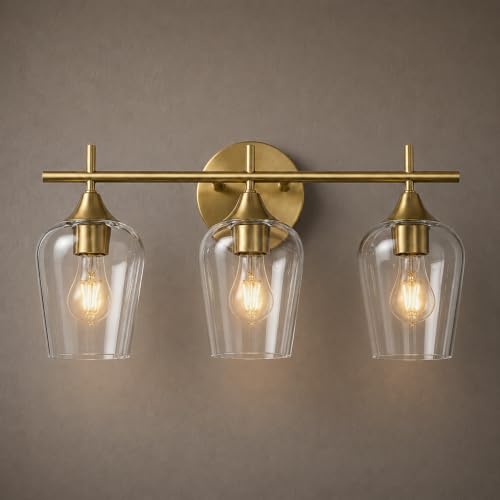 Luminaire de salle de bain sur miroir, 3 lumières en laiton champagne, fixation murale moderne de ferme avec abat-jour en verre pour chambre à coucher, salon
