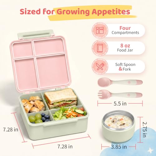Image of Bento Lunch Box with 8oz Soup Thermo, Kids Leakproof Lunch Food Containers with 4 Compartment, Kids Thermo Insulated Hot Food Jar for School, Trvael (Green-Pink)