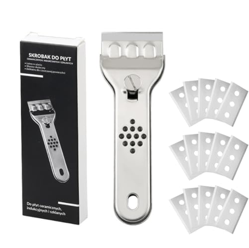 Grattoir vitrocéramique en acier inoxydable, grattoir pour verre de cuisine avec protection lame, grattoir pour table de cuisson en vitrocéramique avec 15 lames de rechange, grattoir plat induction