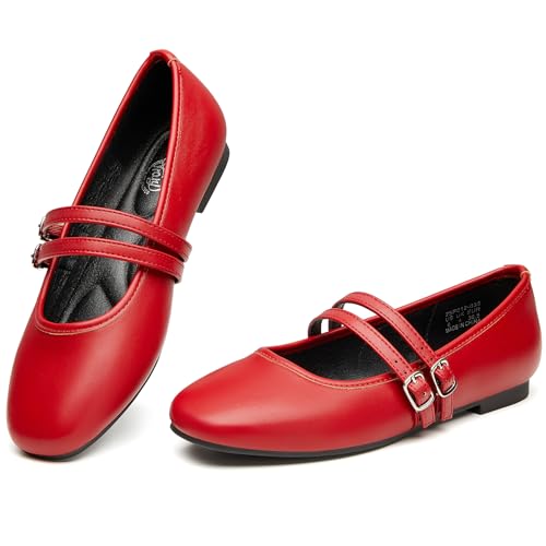 Trary Red Flats Mary Jane Shoes Women Square Toe Ballet