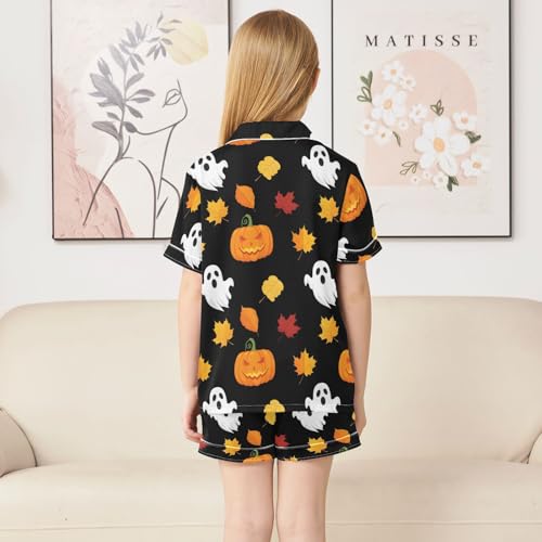 Satin Pajama Sets Short Sleeve Halloween Ghosts Pumpkins Leaves Black Button Down Silky Nightwear 2 Piece PJS 5-14Y4