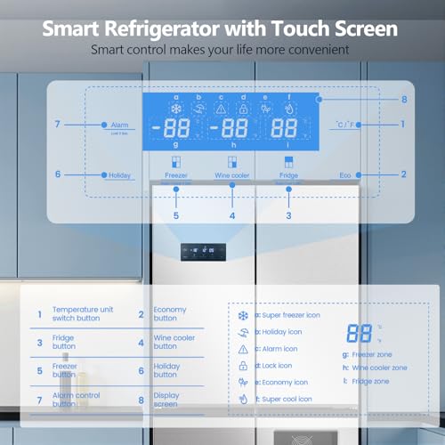 Image of Electactic 21.36 Cu.Ft French Door Refrigerators with Bottom Freezer, Wine Cabinet, Adjustable Shelving, Counter Depth Smart Refrigerator with Touchscreen for Kitchen Home