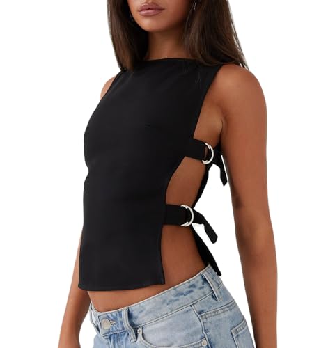 Giraropa Women Buckle Tank Top Y2k Slim Fit Crop Tops Sexy Sleeveless Round Neck Hollow Out Shirt Rave Outfits