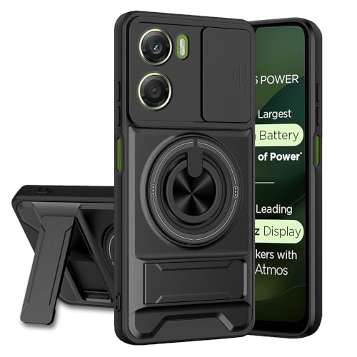 Image of Moto G06 Power 5G Back Cover | Armor Camera Slider 360 Degree Rotating Finger Ring Holder Case with Bracket Stand Back Case Cover (Compatible with MagSafe Accessories) (Black)