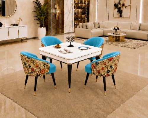 Image of WOODEN SPACE 4 Seater Wooden Dining Table Set | Urban Marble Top Dining Table with Chairs for Dining Room & Kitchen (Modern Classic Printed Sky Blue) (42 x 42 x 30 inch)