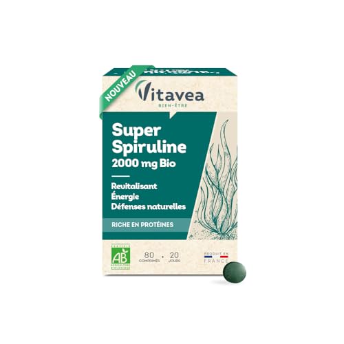 Vitavea Bien-Être - Super Spiruline BIO 2000mg - Revitalisant, Énergie, Défenses Naturelles - Riche en protéines - Complément alimentaire tonus - 80 comprimés - Cure 20 jours- Fabriqué en France