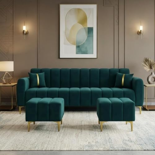 Image of Harmonica 3 Seater Modular L Shape Sofa Set with 2 Ottoman| Soft Velvet Upholstery, Sturdy Wooden Frame | Modern Sofa for Living Room, Hall & Office Spaces (Greenish Teal)