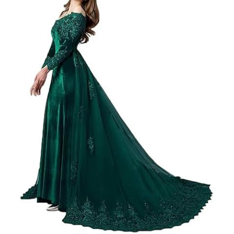 LEJY Velvet Evening Dress with Detachable Train Off The Shoulder Wedding Dress Long Sleeve Lace Appliques Party Prom Gowns Green-16 Cover