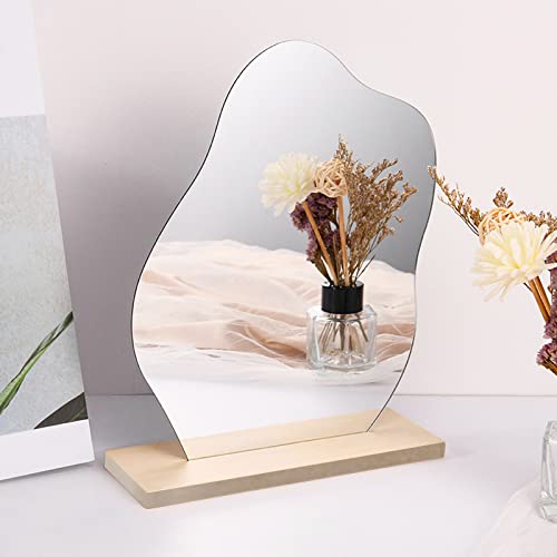 HENGBIRD Espejo de Maquillaje Acrílico Sin Marco, Espejo de Mesa Decorativo, Irregular Espejo Pequeño Espejo de Mesa Irregular con Base de Madera para Dormitorio, Hotel y Habitación Aesthetic