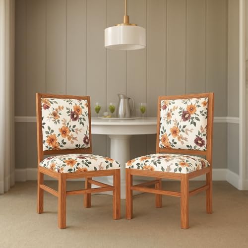 Image of KENDALWOOD Furniture | Solid Sheesham Wood Dining, Study Chair | Multipurpose Chair Set of 2 | Finish:- Honey Finish with Flower Printed Cushions | Pre-Assembled | 1 Year Warranty |