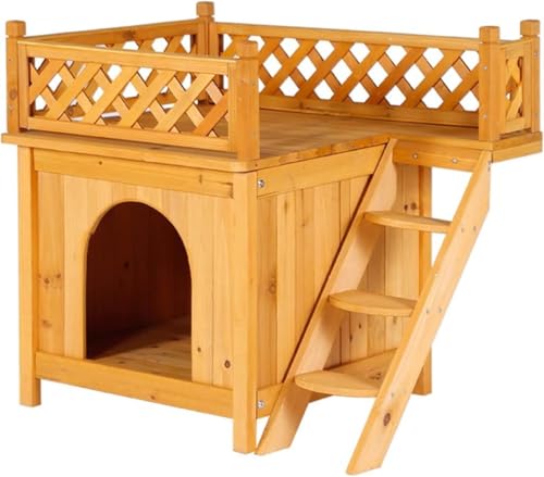 KDBT ドッグハウス 屋外 木製 防水小型犬小屋、 階段付きの2階建ての犬小屋の犬の別荘、 お手入れが簡単 (ナチュラル)