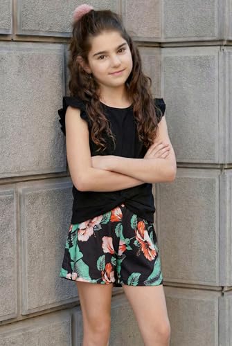 Image of Arshiner Girls Shorts Sets 2 Pieces Outfits Twist Front Ruffle Sleeve T-Shirts and Shorts With Pockets Cute Clothes Sets
