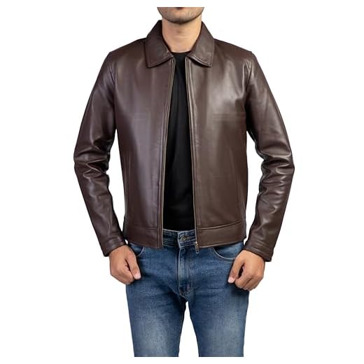 Jaqueta masculina de couro premium com gola polo - jaqueta masculina de couro de pele de cordeiro de verdade estilo clássico da velha escola para uso diário, Marrom, XG