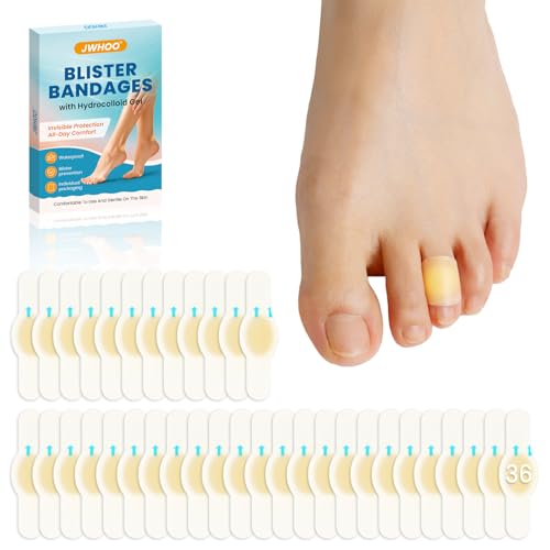 JWHOO Blister Bandages for Feet - 36 Pcs Hydrocolloid Gel Bandages Waterproof Blister Pads Cushions for Blister Prevention & Recovery Blister Bandaids for Long-Lasting (Toe Pack)