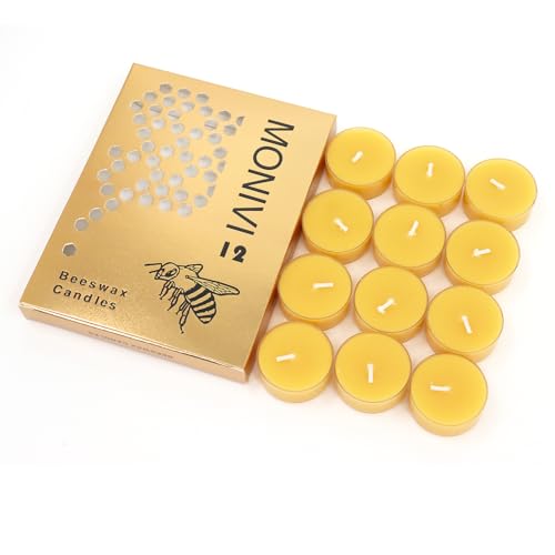 Monivi Natural Beeswax Tealight Candles 12Pack - Smokeless Yellow Tea Light Candles, 4 Hours Burn Time, for Home Décor, Ambiance, Spa, Yoga, Celebration, Prayer