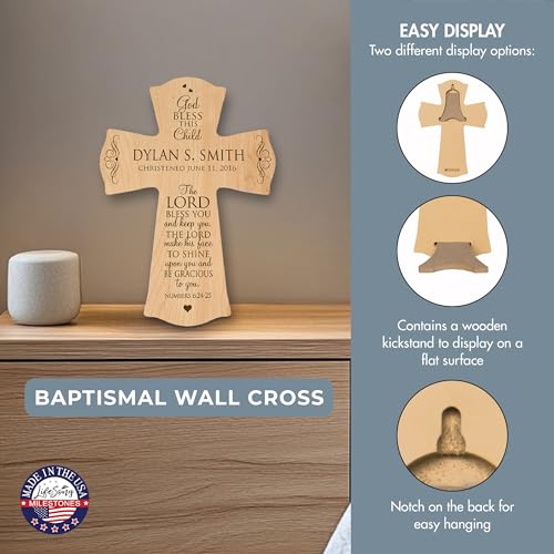 Image of LifeSong Milestones Personalized Baptism 1st Holy Communion Christening Wall Cross Decoration God Bless This Child the Lord Bless You and Keeps You (8.5 inch x 11 inch, Maple)