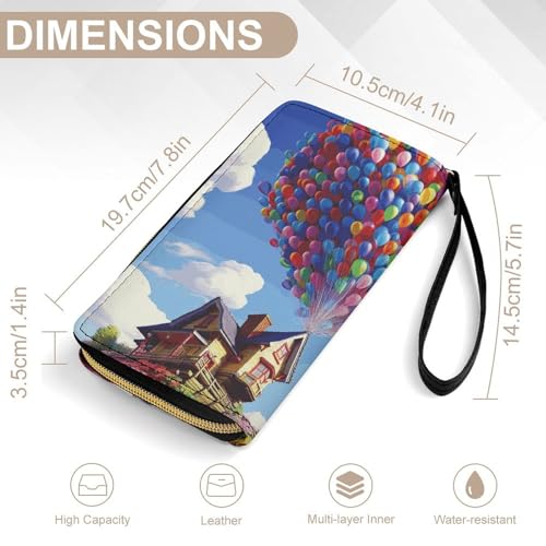 Colorful Balloon And House Leather Wallet Smooth Zip Around Clutch Wristlet Travel Long Soft Purse for Women2