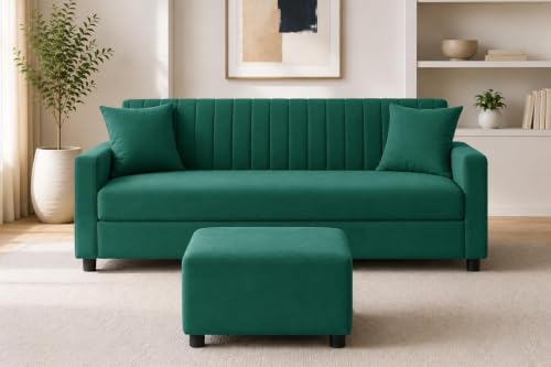 Image of Los Angeles Modern 3-Seater Wooden Sofa Set with Ottoman, Soft Velvet Upholstery, Comfortable Couch for Living Room, Office - Green