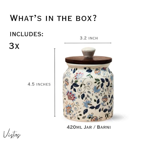 Image of Vistas 'Blue Bloom' Airtight 420ml Set of 3 Ceramic Jar for Kitchen Storage | Handcrafted Ceramic Barni with Wooden Lid | Multipurpose Pickle, Spice & Salt Container