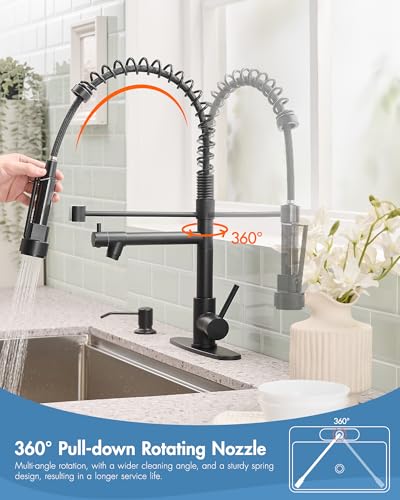 Image of AIMADI Black Kitchen Faucet with Pull Down Sprayer,Stainless Steel | Spring Kitchen Sink Faucet with Soap Dispenser,Modern Single Handle Faucets for Farmhouse,RV,1or 3 Hole