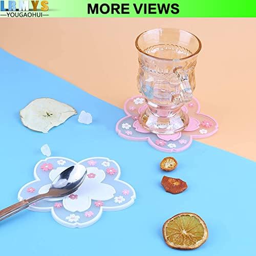 LRMYS Soft PVC Sakura Flower-shaped Coaster Set, 11.5cm Non-Slip Kawaii Cute Cherry Blossom Cup Mats Pad for Home Office Hotel Restaurant Coffee Shop Bar Decoration, 2 Pack Pink & White