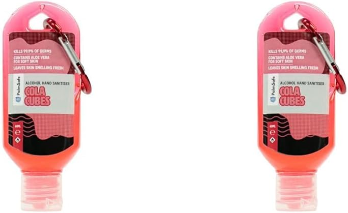 Palm Safe Cola Cubes 60ml Anti Bacterial Premium Hand Sanitiser Travel Size Refillable Clip Bottle Quick Drying Non Sticky Extra Moisturising Kills 99.9% of Viruses and Bacteria (Pack of 2)
