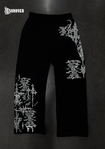 Image of Aesthetic Gothic Wide Leg Pants for Men | Tribal Print Baggy Streetwear | Oversized Track Pants with Elastic Waist | Black and White Relaxed Fit Bottoms
