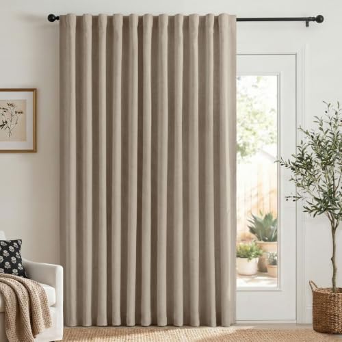 Image of Linen Textured Blackout Sliding Door Curtains 90 Inch Long Burlywood Birch | 100% Blackout Shield Back Tab /Rod Pocket Sliding Door Curtains, Thermal Insulated Curtains 1 Panel Set, 100 inchW x 90 inchL