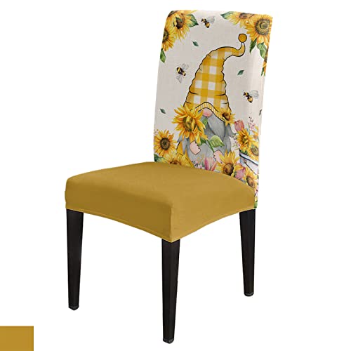 Spring Summer Bee Gnomes Dining Chair Cover Set of 6,Sunflower Bumble Bee Yellow Plaid Stretch Chair Protectors Slipcover,Spandex Kitchen Chair Seat Back Cushion Slip Cover for Dining Room,Party