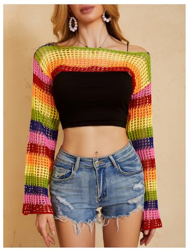 Image of MakeMeChic Women's Rainbow Striped Crochet Shrug Top Bell Sleeve Crop Tops Hollow Out Sweater