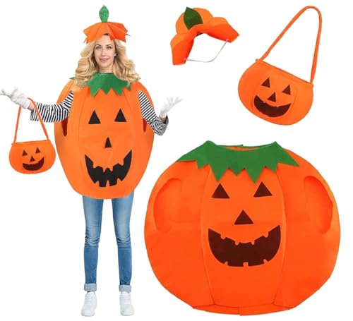DERAYEE Costume Citrouille d'Halloween avec Chapeau et Sac,Déguisement Citrouille Adult pour la Fête de Halloween Cosplay Carnaval