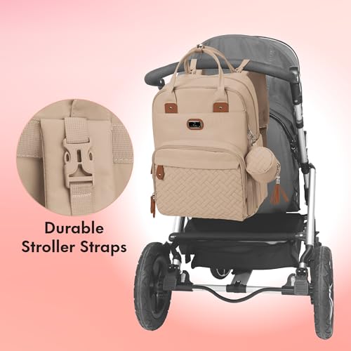 Image of Dikaslon Diaper Bag Backpack with Portable Changing Pad, Pacifier Case and Stroller Straps, Large Unisex Baby Bags for Boys Girls, Multipurpose Travel Back Pack for Moms Dads, Milk Tea Khaki