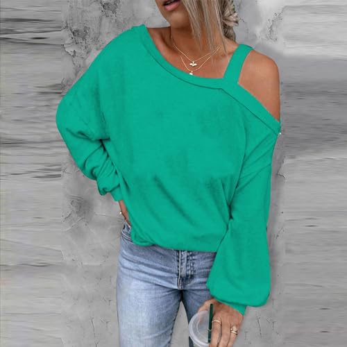 Camisetas femininas lisas de manga comprida soltas sólidas pulôver de um ombro blusas elegantes para