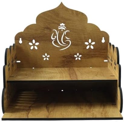 Wooden Temple Mandir with Ganesha Design, Brown and Black, Wall Mounted Pooja Shelf