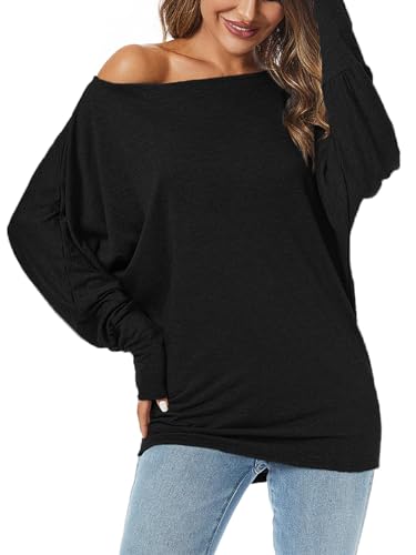Poetsky Long Sleeve Shirts For Women Casual Boat Neck Off Shoulder Tunic Tops Loose Fitting Oversized Blouses Black M thumb #1