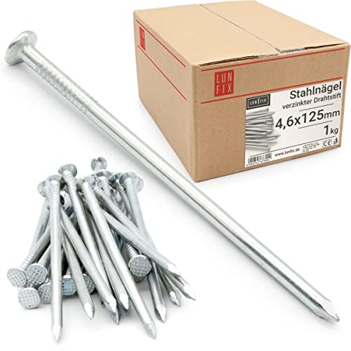 Lun Fix Stahlnägel 4,6 x 125 mm - 1kg (ca. 80 stk.) Holznägel für Bauarbeiten Verzinkter Baunägel Nägel 125mm lang Drahtstifte Nägel Senkkopf blank verzinkt für Tischlerarbeiten, DIY, crafts
