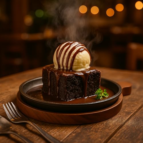 Image of REMARKABLE Iron Sizzler Plate with Wooden Base | Small Dessert Round Serving Platter with Handles | Brownie Sizzler Tray for Cake | Sizzling Brownie Plate |Hot Sizzling Plate | 5 inch Qtr. Size |Set of 1