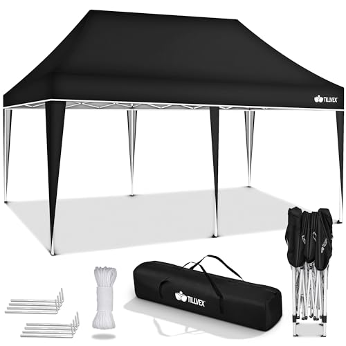 tillvex Cenador plegable de 3 x 6 m resistente al agua, altura regulable, protección ultravioleta de 50+, carpa para fiestas en el jardín, con bolsa (negro)