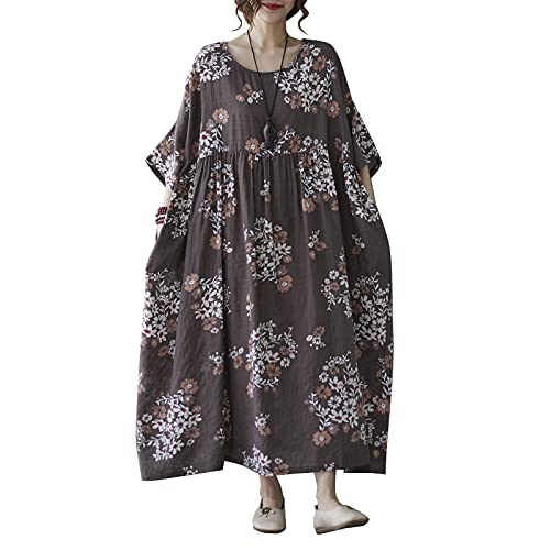 Domary Vestido feminino vintage de linho de algodão com estampa floral O pescoço, meia manga, bolso