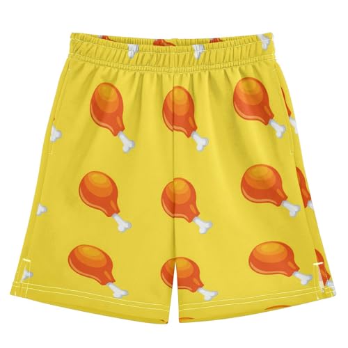 J JOYSAY Cartoon Chicken Leg Yellow Boys Athletic Shorts Kids Youth Casual Shotrs with Elastic Waistband Pockets - Main Image